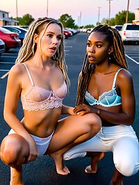 Old black man with dreadlocks stares at young blonde woman in lingerie